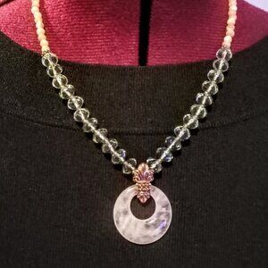 Pink Agate Briolette Bead Fleur de Lis Necklace